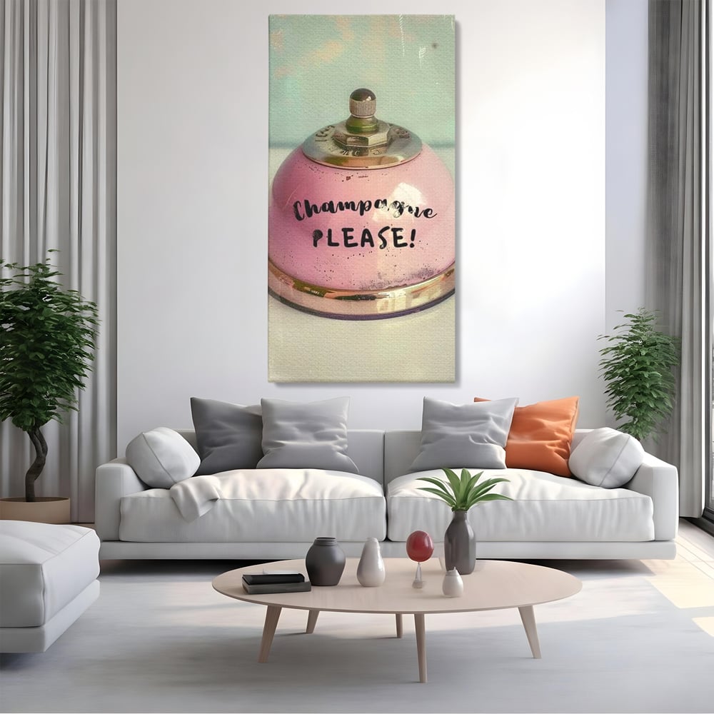 Tablou canvas cu tablou canvas cu clopotel roz vintage, fara rama, pe sasiu de lemn, pe perete intr-un living